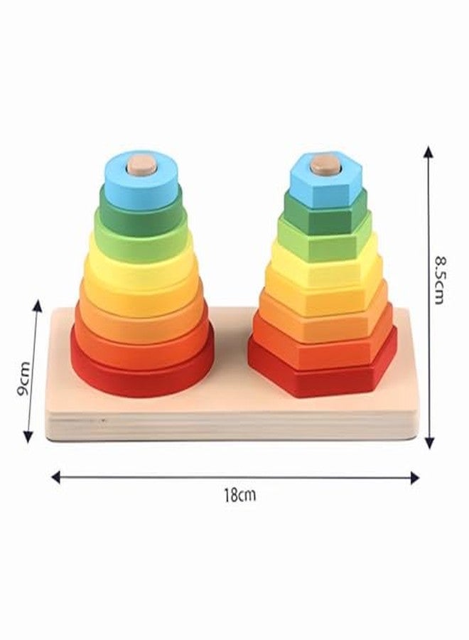Busy Brain - Double Tower Shape Sorter Stacking Toy, Circle and Hexagon Wooden Blocks, Rainbow Multicolour, Educational Learning for Toddlers 18+ Months - Image 4